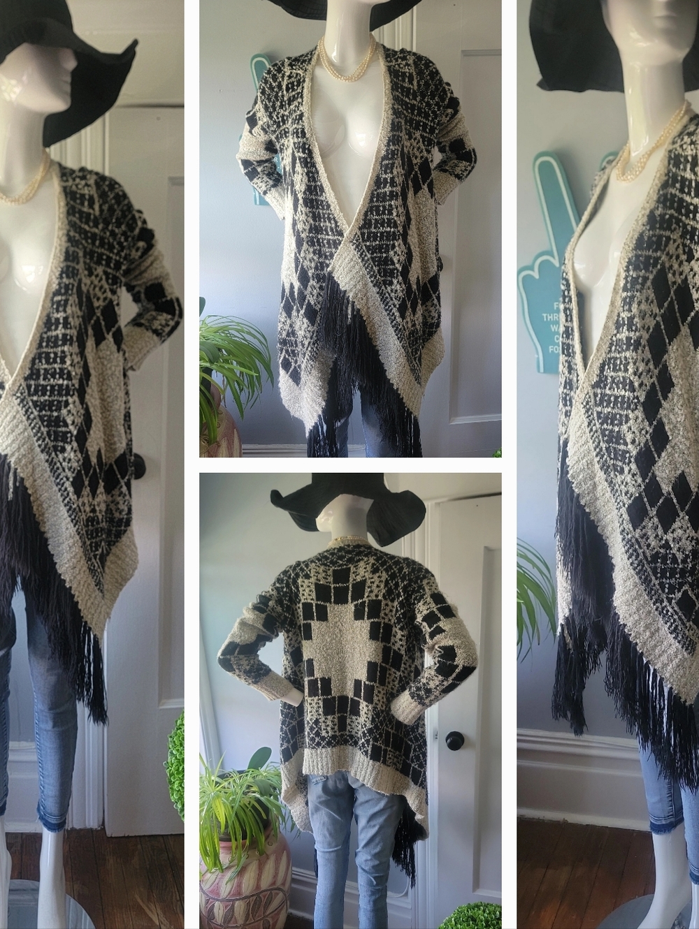 SHAN Black and Cream Geometric Fringe Open-Front Cardigan